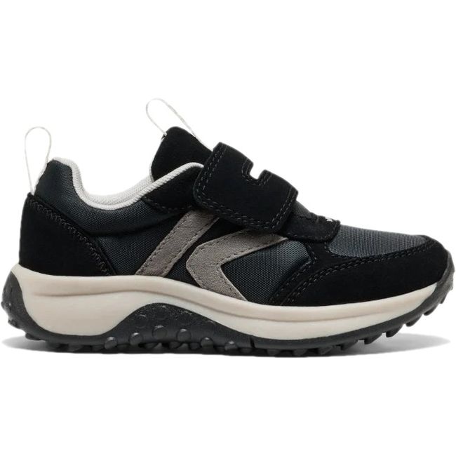 Lateral side of the black and star white KEEN Little Kids' KS86 Sneaker with velcro strap