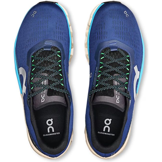 Top down view of On Running Men's Cloudmonster 2 Running Shoes in temptest and horizon blue