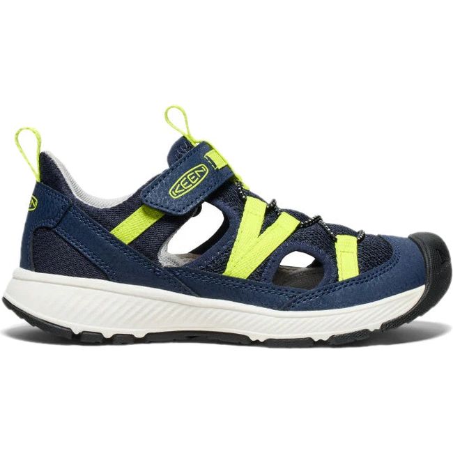 Lateral of KEEN Big Kids' Motozoa Sandal in Naval Academy blue Evening Primrose yellow