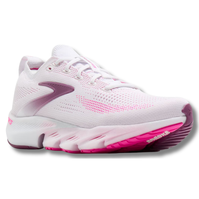 Angled side of Brooks Women's Glycerin Flex Running Shoe in White Cyberpink