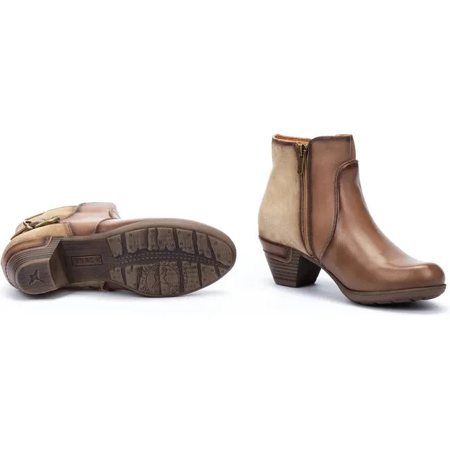 Pair of Women's Pikolinos Rotterdam Boot in siena brown leather. One showing the sole and tread