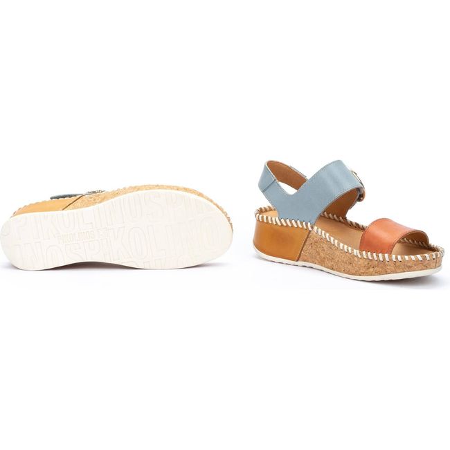 Pair of Womens Pikolinos Marina Wedge Sandal showing white sole and blue and orange leather upper