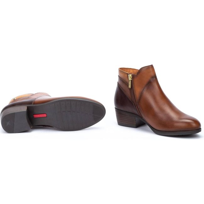 Pair of Women's Pikolinos Daroca Ankle Boot in brown leather showing the side zipper and rugged sole