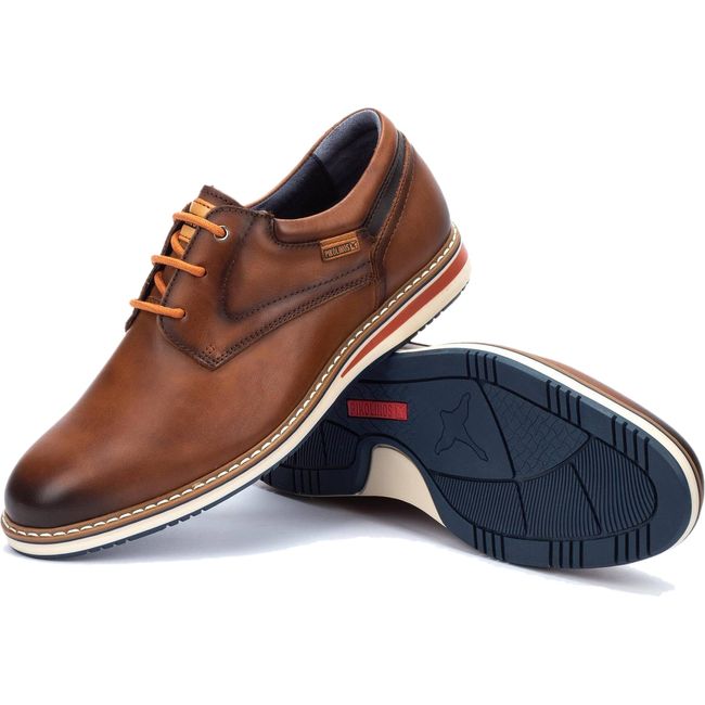 Upper and sole of Mens Cuero Brown Pikolinos Avila Tie Dress Shoe. White sole, navy tread