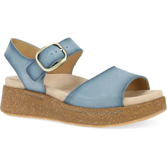 Front angled view of Women's Dansko Bianca Sandal in blue suede with cork platform sole