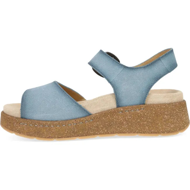Medial side of Women's Dansko Bianca Sandal in blue suede with cork platform sole