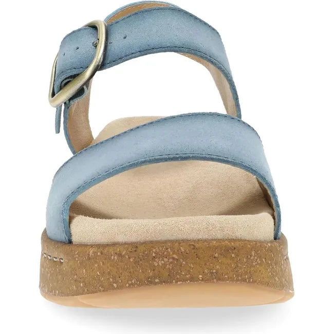 Front of Women's Dansko Bianca Sandal in blue suede with cork platform sole