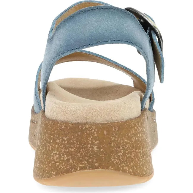 Heel of Women's Dansko Bianca Sandal in blue suede with cork platform sole