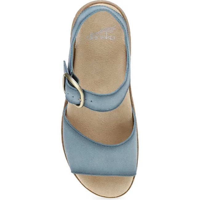 Top down view of Women's Dansko Bianca Sandal in blue suede with cork platform sole