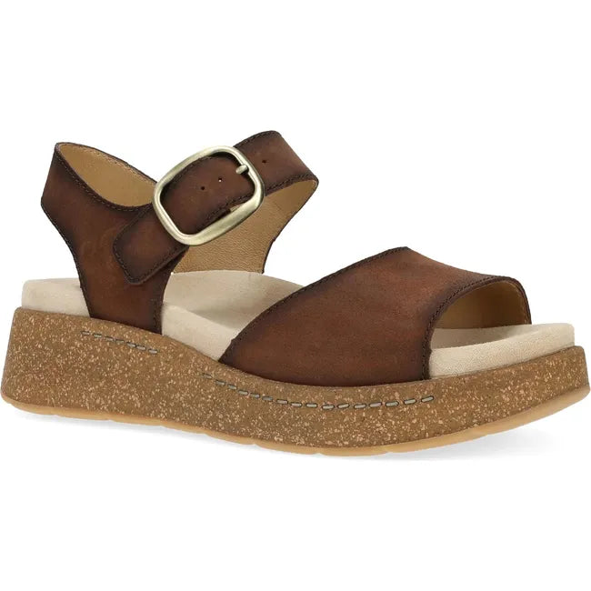 Front angled view of Women's Dansko Bianca Sandal in brown suede with cork platform sole