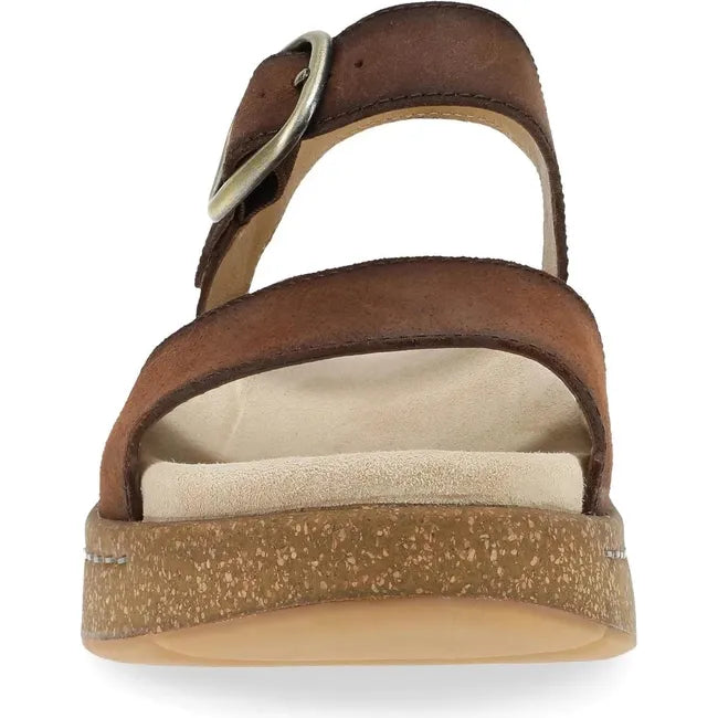 Front of Women's Dansko Bianca Sandal in brown suede with cork platform sole
