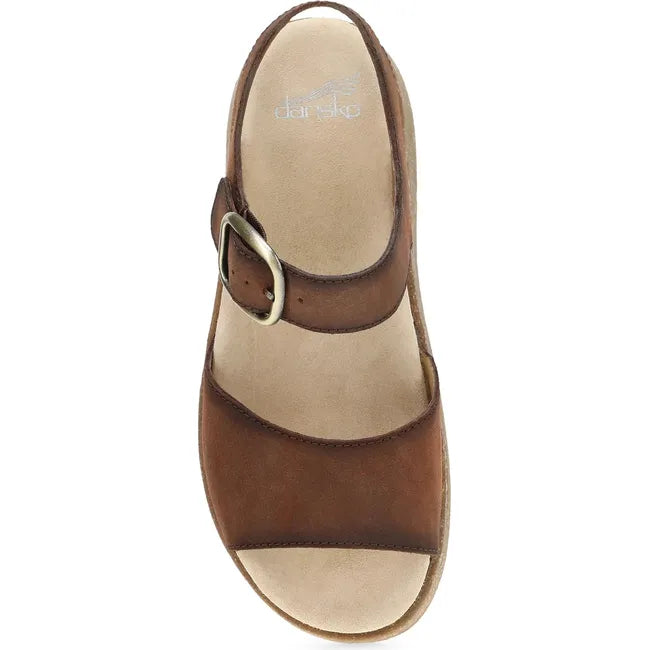 Top down view of Women's Dansko Bianca Sandal in brown suede with cork platform sole
