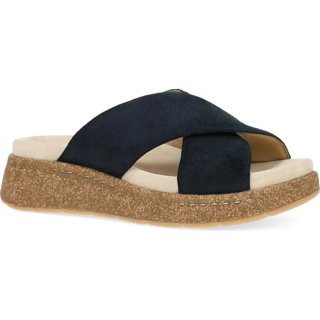 Lateral side of Women's Dansko Bridget Sandal in black suede with cork platform sole