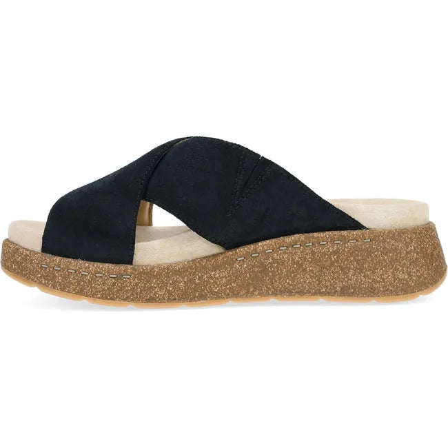 Medial side of Women's Dansko Bridget Sandal in black suede with cork platform sole