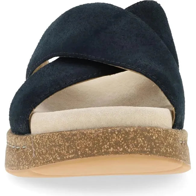 Front of Women's Dansko Bridget Sandal in black suede with cork platform sole