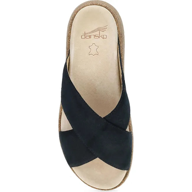 Top down view of Women's Dansko Bridget Sandal in black suede with cork platform sole