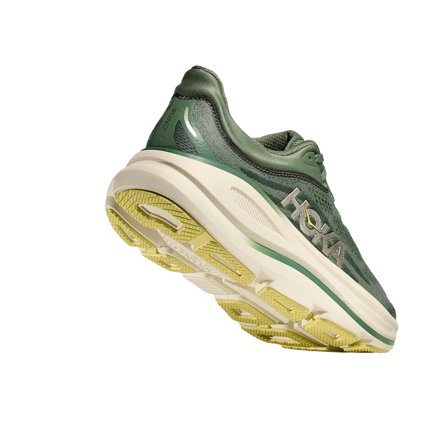 Angled Heel of Hoka Men's Bondi 9 Running Shoe in Succulent Fern