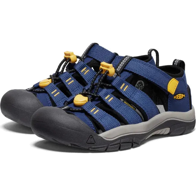 Pair of KEEN Youth Kids&#39; Newport H2 Closed Toe Sandal in Naval Academy Blue and Keen Yellow