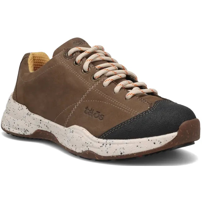 Front angled view of Women's Taos Waterproof Shasta Shoe in dark taupe leather with white sole