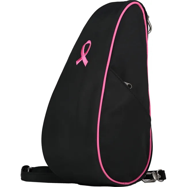 Angled medial side of Ameribag 10&quot; Microfiber Cross Body Bag in black with pink breast cancer patch