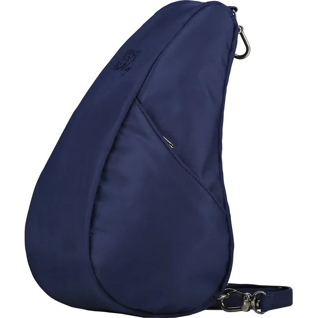 Medial angled view of Ameribag 10&quot; Microfiber Baglett Cross Body Bag in navy