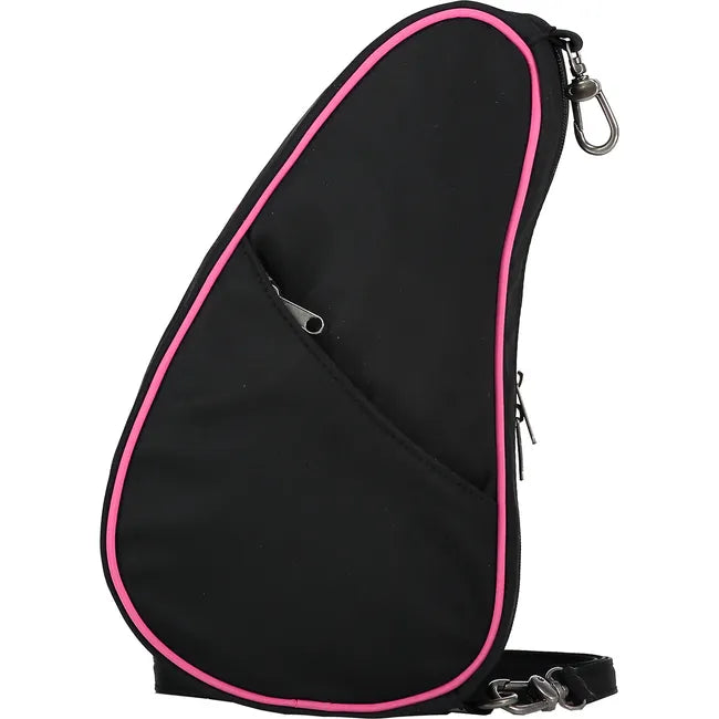 Medial side of Ameribag 10" Microfiber Baglett Cross Body Bag in black with hot pink accents