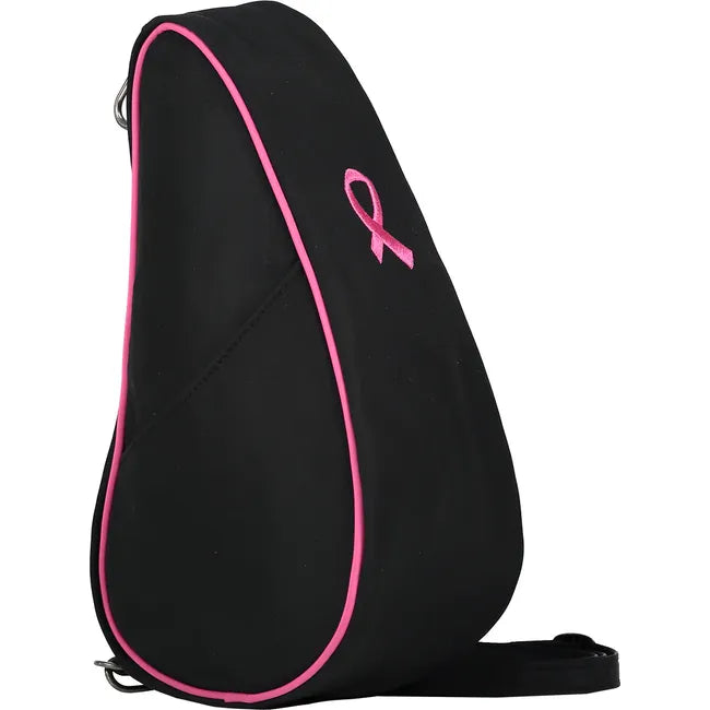 Angled lateral side of Ameribag 10&quot; Microfiber Cross Body Bag in black with pink breast cancer patch