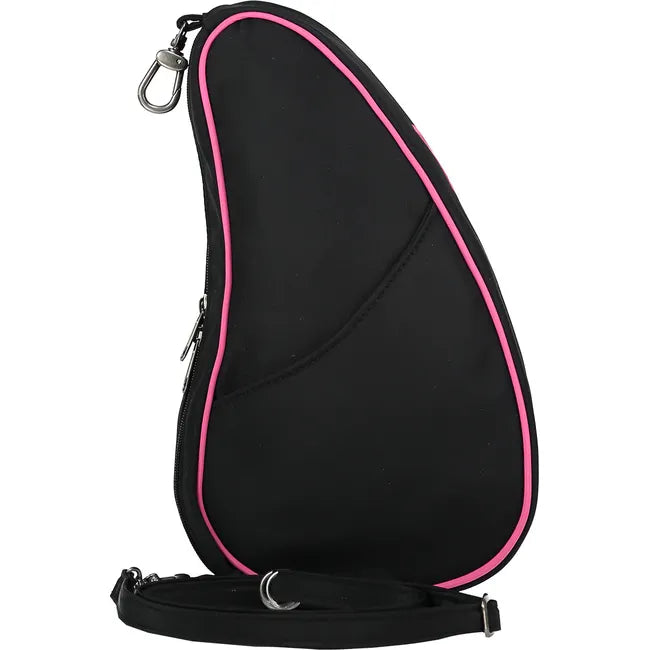 Lateral side of Ameribag 10" Microfiber Baglett Cross Body Bag in black with hot pink accents