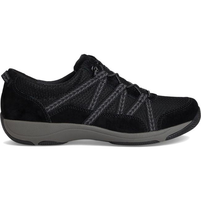 Lateral side of Women's Dansko Harlyn Sneaker in black black suede with elastic laces