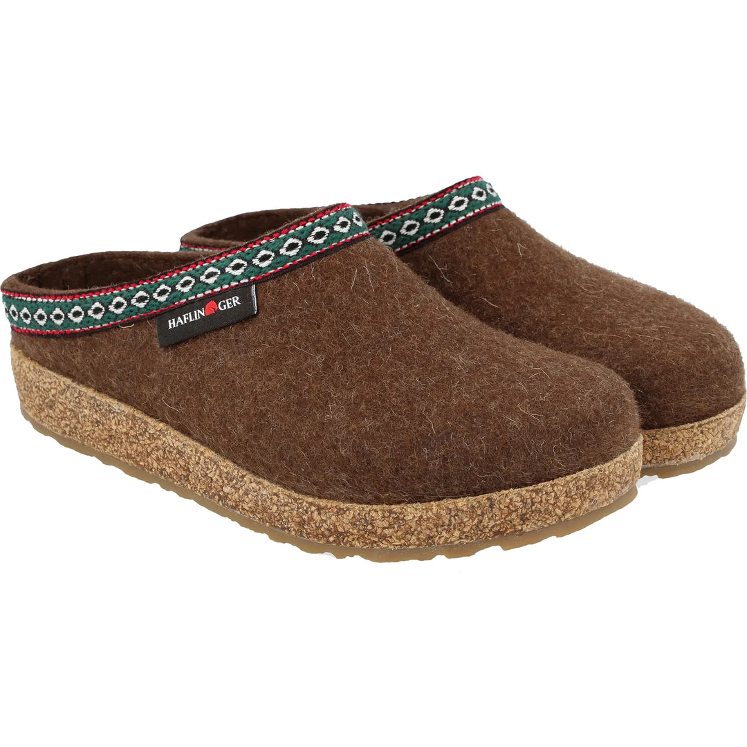 Haflinger Unisex GZ Clog in Chocolate, three-quarter view