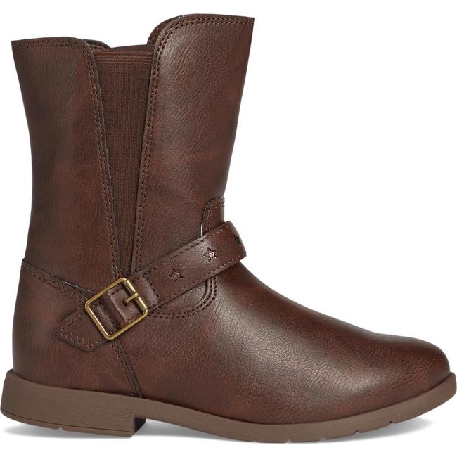 Lateral side of the Lizz Girls Stride Rite Boots. Tall boot in brown leather with buckle accent