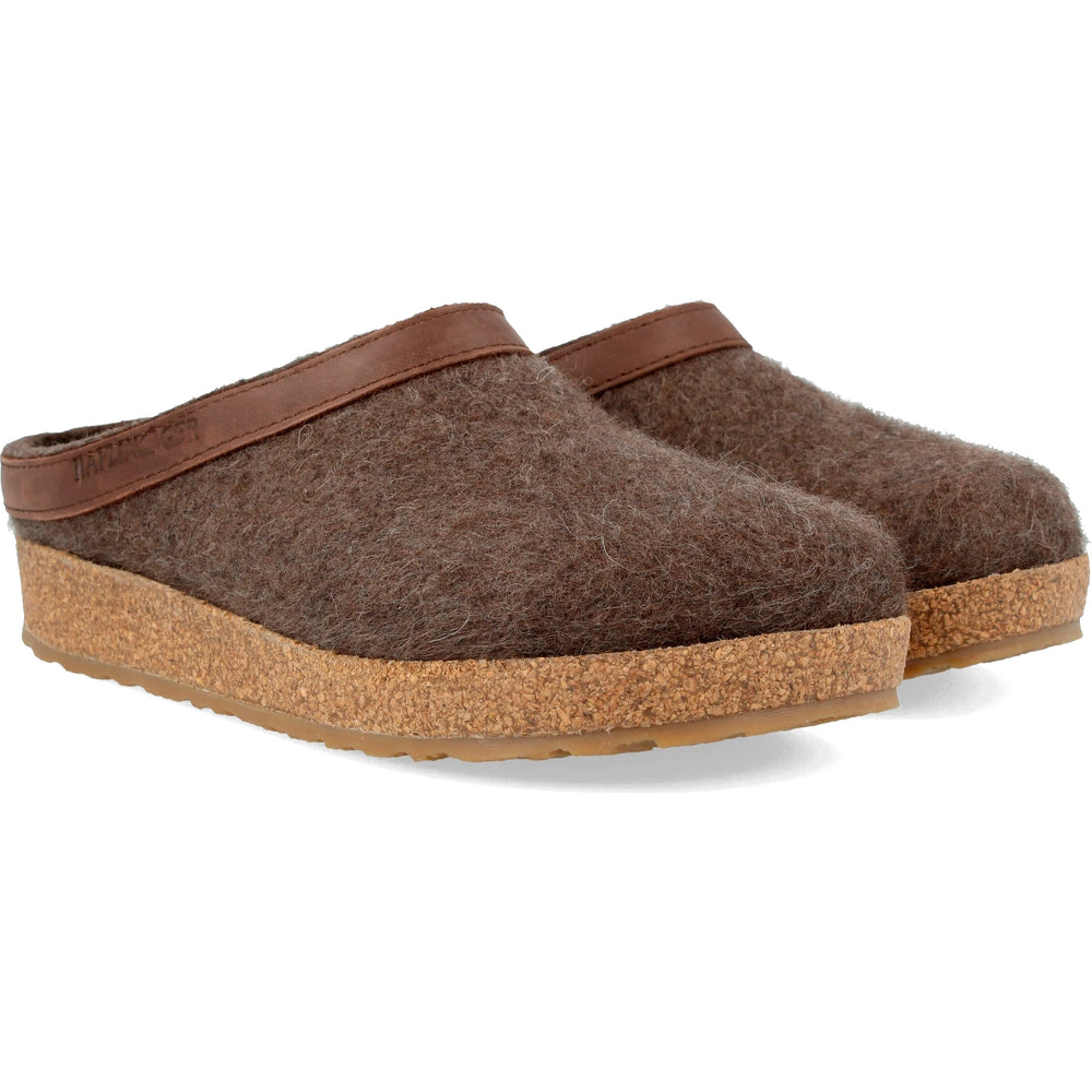 Haflinger Unisex GZL Clog in Smokey Brown, three-quarter view