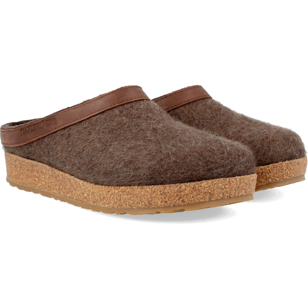 Haflinger Unisex GZL Clog in Smokey Brown, three-quarter view