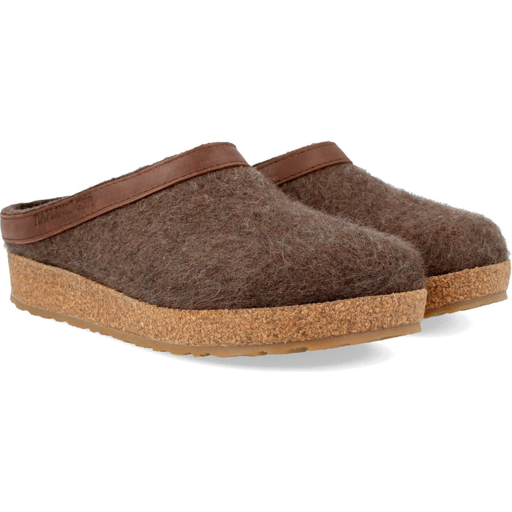 Haflinger Unisex GZL Clog in Smokey Brown, three-quarter view