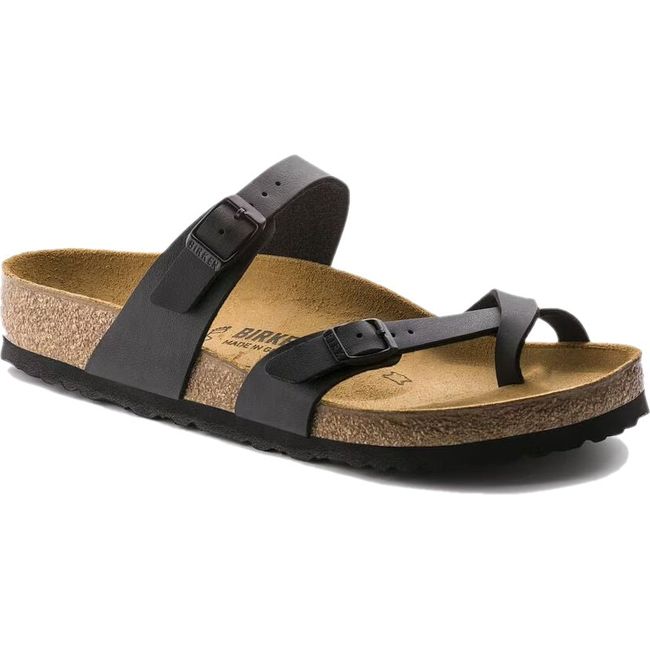 Front angled view of Birkenstock Women's Mayari Birko-Flor Sandal in black