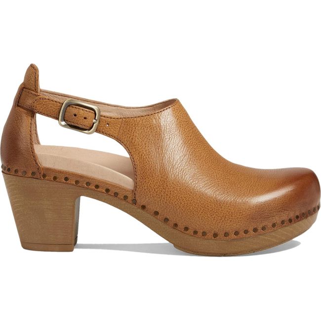 Lateral side of Women's Dansko Sassy Closed Toe Heel in tan leather with 2 inch heel