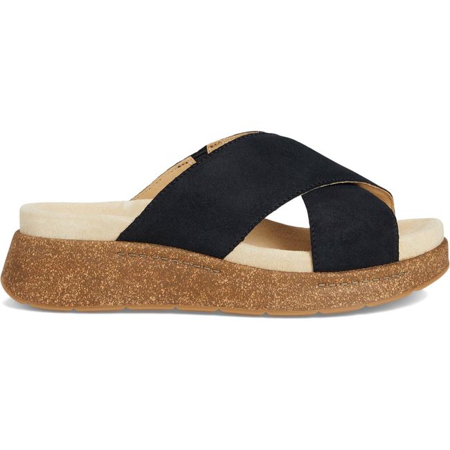 Lateral side of Women's Dansko Bridget Sandal in black suede with cork platform sole