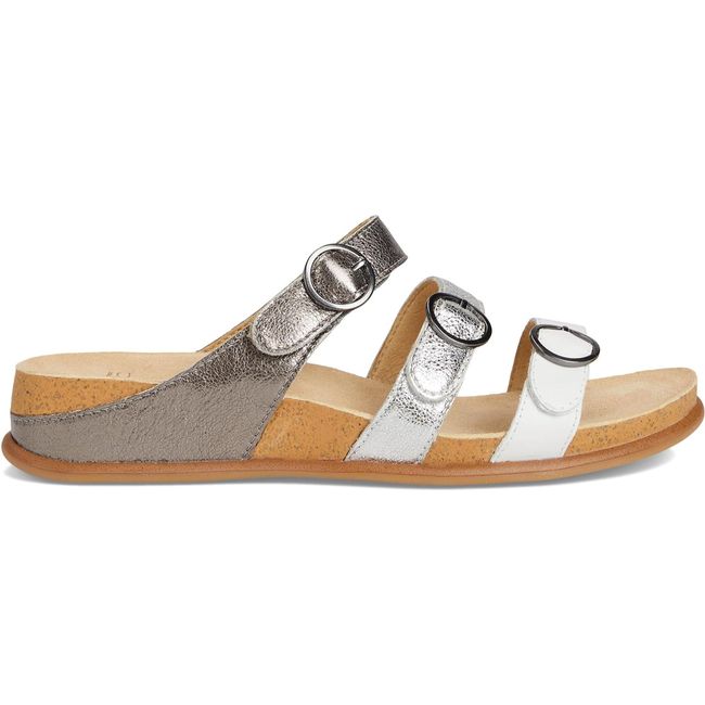 Lateral side of Women's Dansko Campbell Sandal in silver with three velcro straps