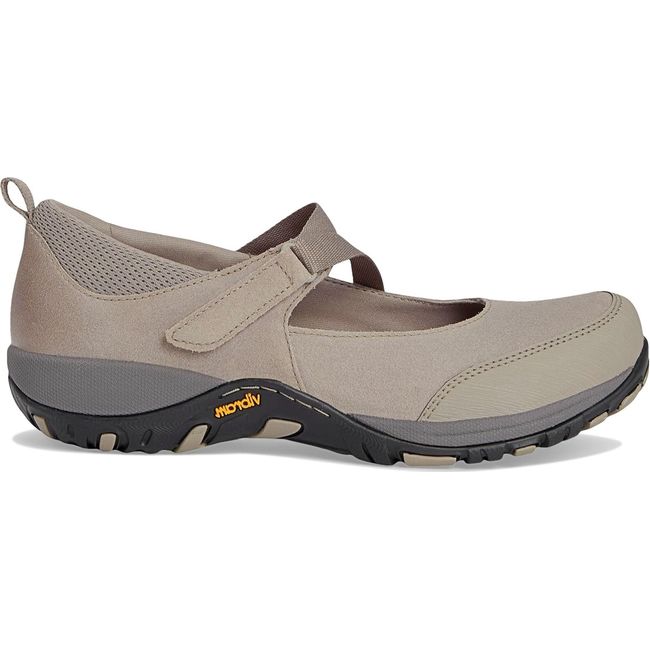 Lateral side of Women's Dansko Primrose Mary Jane Shoe in taupe suede with velcro strap