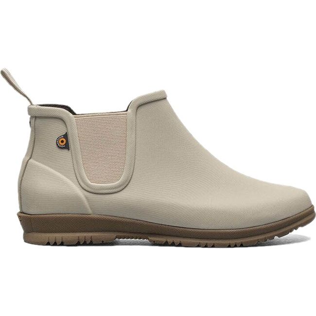 Lateral side of Women&#39;s Sweetpea Bogs Rain Boot in sandstone beige with slip on upper