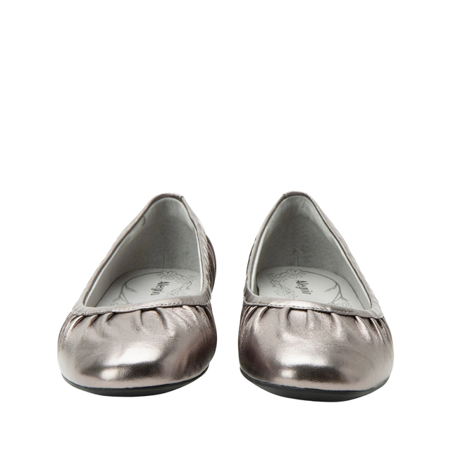Front of Alegria Women's Beka Flats in Pewter Silver