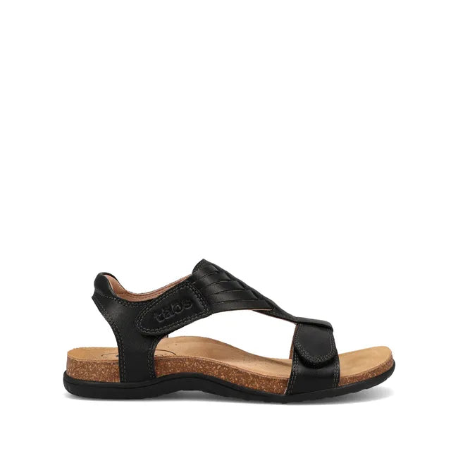 Lateral side of of Women&#39;s Taos Wonderful Cork Support Sandal in black leather with velcro straps