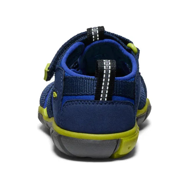 Heel of KEEN Little Kids Seacamp II CNX Sandal in Naval Academy blue and Chartreuse green