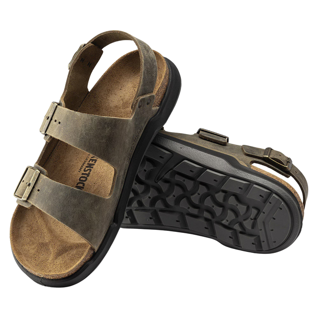 Top and Sole of Birkenstock Men's Milano Crosstown Sandal in Faded Khaki Green