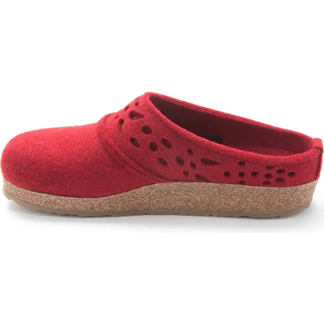 Medial side of Women&#39;s Haflinger Clog Lacey in chili red with cork footbed
