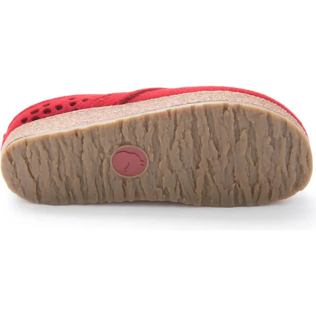 Sole view of Women&#39;s Haflinger Clog Lacey in chili red with cork footbed and rubber sole