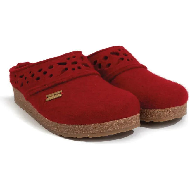 Pair of Women&#39;s Haflinger Clog Lacey in chili red with cork footbed