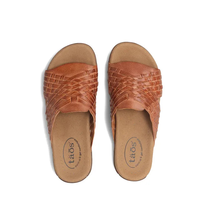 Upper of Women's Taos Guru Slide Sandals in Honey tan leather