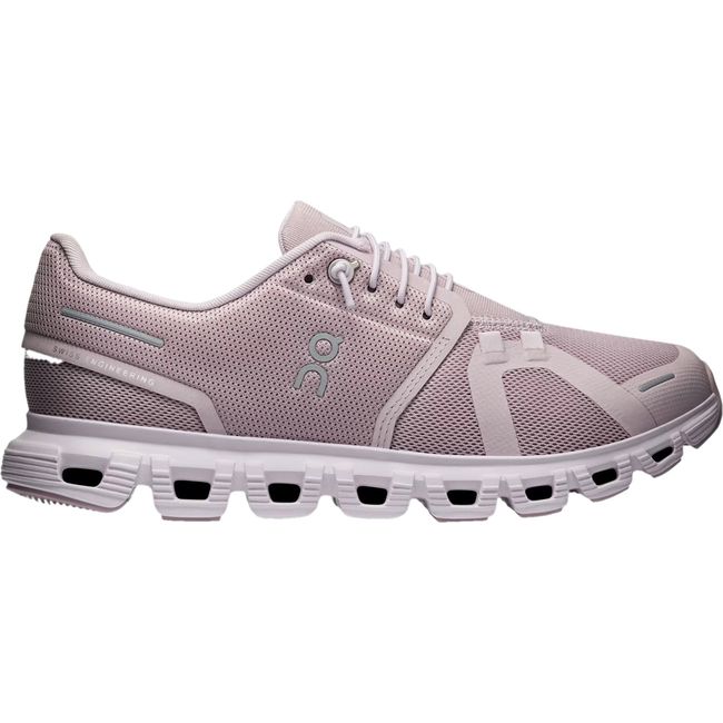 Lateral side of Women's On Running Cloud 6 Running Shoe in Mauve Orchid with slip on speed lacing