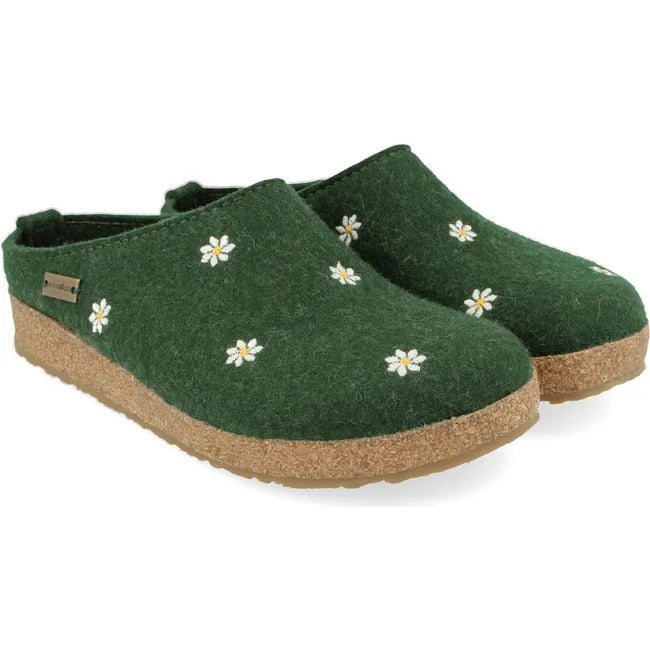 Pair of Women&#39;s Haflinger Margherita Clog in green with a few small white flower decals
